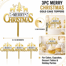 3PC Merry Christmas Gold Cake Toppers – 1.6mm Glitter Christmas Cake Decorations for Cakes, Cupcakes, Desserts & Holiday Parties