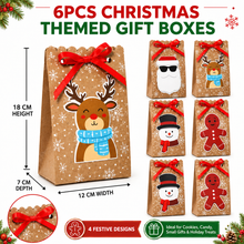 6PCS Christmas Gift Boxes with Ribbon – Kraft Cookie, Candy and Treat Packaging, 4 Festive Designs, 12 × 7 × 18cm