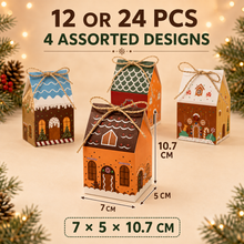 Gift For Her/Him 12/24pcs Christmas Gingerbread House Treat Boxes, 4pcs Assorted Designs House Gift Boxes with Jute String, Perfect for Christmas Party Favors, Gift Swap, Holiday Gift Giving, Classroom Treats