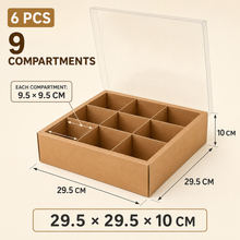 6PCS Kraft 9-Compartment Gift Boxes with Clear Lids – Large Cookie, Dessert, Chocolate & Treat Packaging, 29.5 × 29.5 × 10 cm