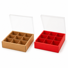 6PCS Red / Kraft 9-Grid Food Gift Boxes with Clear Window – Premium Charcuterie, Dessert, Cookie, Candy & Catering Packaging Containers