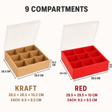 6PCS Red / Kraft 9-Grid Food Gift Boxes with Clear Window – Premium Charcuterie, Dessert, Cookie, Candy & Catering Packaging Containers