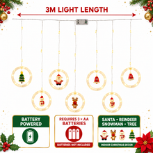 3m Battery-Powered Christmas LED Curtain Lights – Santa, Reindeer, Snowman & Tree Window Decorations