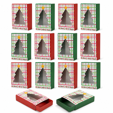 Gift for Her/Him 12/24pcs Christmas Gift Boxes with Christmas Tree Clear Window, Red Green Plaid Slide Drawer Holiday Packaging Boxes, Xmas Decorative Present Boxes for Holiday Party Favors & Gift Giving