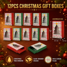 Gift for Her/Him 12/24pcs Christmas Gift Boxes with Christmas Tree Clear Window, Red Green Plaid Slide Drawer Holiday Packaging Boxes, Xmas Decorative Present Boxes for Holiday Party Favors & Gift Giving