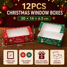 12PCS Christmas Window Bakery Boxes – Red & Green Cake, Cookie and Treat Gift Boxes, 30 × 14 × 6.5cm