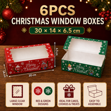 6PCS Christmas Window Bakery Boxes – Red & Green Rectangular Cake and Cookie Boxes, 30 × 14 × 6.5cm