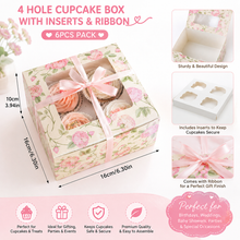 Pink Floral 4-Hole Cupcake Bakery Gift Boxes with Ribbon – 6PCS | Includes Cupcake Inserts | Elegant Cupcake, Muffin & Dessert Gift Packaging