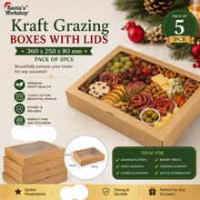 5PCS Large Kraft Grazing Boxes with Clear Lids 360x250x80mm – Charcuterie, Bakery & Food Gift Packaging