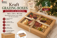 5PCS Large Kraft Grazing Boxes with Clear Lids 360x250x80mm – Charcuterie, Bakery & Food Gift Packaging