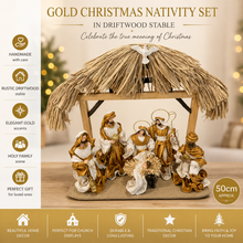 🎄 Gold Christmas Nativity Set in Driftwood Stable – 50cm Approx Handmade Holy Family Scene, Religious Christian Christmas Home Decor & Holiday Gift ✨