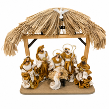 🎄 Gold Christmas Nativity Set in Driftwood Stable – 50cm Approx Handmade Holy Family Scene, Religious Christian Christmas Home Decor & Holiday Gift ✨