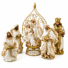 45cm Gold & White Holy Family Nativity Set in Gazebo – Handmade Christmas Religious Decoration with 3 Wise Men