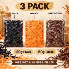 3 Pack Shredded Tissue Paper 60g – Black, Orange & Dark Brown Gift Box and Hamper Filler for Gift Wrapping, Parties & Celebrations