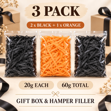 3 Pack Shredded Tissue Paper 60g – 2 Black & 1 Orange Gift Box and Hamper Filler for Gift Wrapping, Halloween & Parties