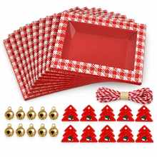 PRE ORDER 10 Pack Red Christmas Window Bakery Boxes with Mini Bells, Red Tree Tags & Rope – 18 × 13 × 2.8 cm Cookie, Cake & Treat Gift Boxes