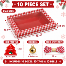 PRE ORDER 10 Pack Red Christmas Window Bakery Boxes with Mini Bells, Red Tree Tags & Rope – 18 × 13 × 2.8 cm Cookie, Cake & Treat Gift Boxes