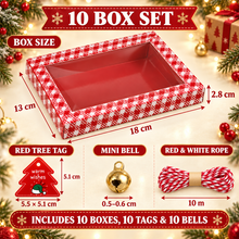 PRE ORDER 10 Pack Red Christmas Window Bakery Boxes with Mini Bells, Red Tree Tags & Rope – 18 × 13 × 2.8 cm Cookie, Cake & Treat Gift Boxes