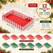 PRE ORDER 12 Pack Red & Green Christmas Bakery Trays with Clear Lids – 20 × 13 × 2.9 cm Cookie, Brownie, Dessert and Treat Gift Boxes