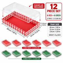 PRE ORDER 12 Pack Red & Green Christmas Bakery Trays with Clear Lids – 20 × 13 × 2.9 cm Cookie, Brownie, Dessert and Treat Gift Boxes