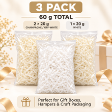 3 Pack Shredded Tissue Paper Hamper Filler 60g – Champagne Off-White & White Gift Box Packaging