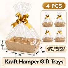 4pcs Mothers day ,Valentines day/,Christmas,Birthday, Fathers Day Beige/brown hamper gift box including ribbon and clear cellophane (25x17x9cm)