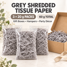 Grey Shredded tissue crepe paper hamper filler 60 grams (3 pack x 20grams) Gift Wrapping Shredded Paper, Suitable for Wedding, Valentine'S Day, Father'S Day, Mother'S Day, Christmas, Party Decoration