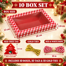 PRE ORDER 10PCS Red Christmas Window Bakery Boxes with Tags, Gold Ties & Rope – 18 × 13 × 2.8 cm Cookie and Treat Gift Boxes