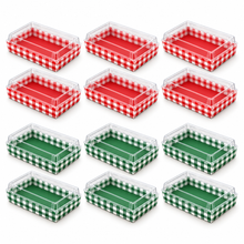 PRE ORDER 12 Pack Red & Green Christmas Bakery Trays with Clear Lids – 20 × 13 × 2.9 cm Cookie, Brownie, Dessert and Treat Gift Boxes