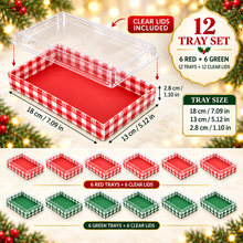 PRE ORDER 12 Pack Red & Green Christmas Bakery Trays with Clear Lids – 20 × 13 × 2.9 cm Cookie, Brownie, Dessert and Treat Gift Boxes