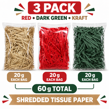 3 Pack Red, Dark Green & Kraft Shredded Tissue Paper 60g – Gift Box, Christmas Hamper and Basket Filler