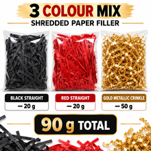 Black, Red & Gold Shredded Paper Filler 90g – Metallic Crinkle and Tissue Shred for Gift Boxes & Hampers