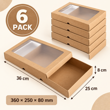 6pcs of Kraft Paper Picnic Boxes, Durable Disposable Containers, Portable for Snacks, Desserts, Cakes, And Fruits, Suitable for Parties, Weddings, And Camping Boxes with Lids – 360 x 250 x 80 mm