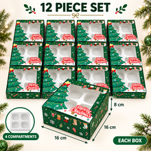 12 Pack Green Christmas Gift Boxes with Clear Window & 4 Compartments – 16 × 16 × 8 cm Treat Boxes
