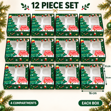 12 Pack Green Christmas Gift Boxes with Clear Window & 4 Compartments – 16 × 16 × 8 cm Treat Boxes