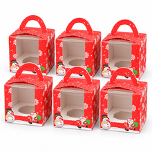 6 Pack Christmas Single Cupcake Gift Boxes with Clear Window & Handle – Festive Red Bakery Packaging