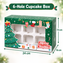 12 Pack Green Christmas 6-Hole Cupcake Boxes with Clear Windows & Inserts – Festive Bakery Gift Packaging