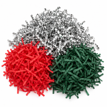 60g Christmas Shredded Paper Hamper Filler – Red, Dark Green & Silver Metallic Crinkle Cut Gift Packaging