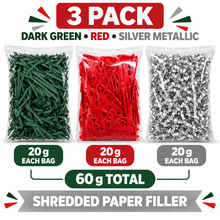 60g Christmas Shredded Paper Hamper Filler – Red, Dark Green & Silver Metallic Crinkle Cut Gift Packaging