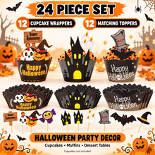 🎃 Halloween Cupcake Muffin Wrappers with Toppers – 24PCS Spooky Party Baking Decorations for Cakes, Cupcakes & Dessert Table 👻