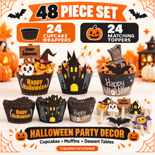 🎃 Halloween Cupcake Muffin Wrappers with Toppers – 48PCS Spooky Party Baking Decorations for Cakes, Cupcakes & Dessert Table 👻