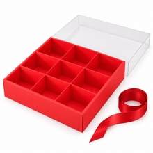1PC Red 9-Compartment Gift Box with Clear Lid & Ribbon – 29.5cm Charcuterie, Cookie, Dessert, Chocolate and Treat Box