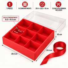 1PC Red 9-Compartment Gift Box with Clear Lid & Ribbon – 29.5cm Charcuterie, Cookie, Dessert, Chocolate and Treat Box