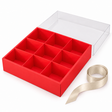1PC Red 9-Compartment Gift Box with Clear Lid & Ribbon – 29.5cm Charcuterie, Cookie, Dessert, Chocolate and Treat Box