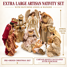 PRE-ORDER CHRISTMAS 2027 – Extra Large 132cm Artisan Handmade Nativity Set with Manger & Matching Angel | Cartage Quote Calculated After Purchase