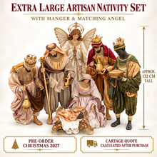 PRE-ORDER CHRISTMAS 2027 – Extra Large 132cm Artisan Handmade Nativity Set with Manger & Matching Angel | Cartage Quote Calculated After Purchase