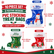 10PCS Christmas PVC Stocking Treat Bags – Santa, Snowman & Reindeer Candy, Cookie and Party Favour Gift Bags