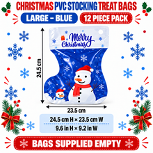 12PCS Christmas PVC Stocking Treat Bags – Large, Medium or Small Santa, Snowman & Reindeer Candy and Cookie Gift Bags