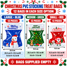 12PCS Christmas PVC Stocking Treat Bags – Large, Medium or Small Santa, Snowman & Reindeer Candy and Cookie Gift Bags