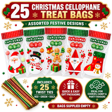 25PCS Christmas Snowflake Cellophane Treat Bags with 25 Twist Ties – Santa Candy, Cookie and Holiday Party Favour Gift Bags